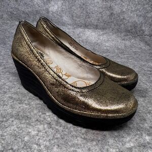 Fly London Womens Size 37 /US‎ 6.5 Yoni Wedge Gold Metallic Leather Slip-On Pump
